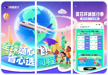 AppLens提供丰富的自定产品页（CPP）素材，同程旅行夏日环球旅行季促销海报、全球随心飞、省心选同程等